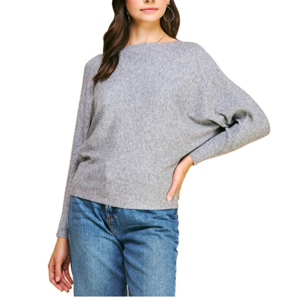 Vila Milano Neutral Gray Boat Neck Rib Knit Dolman Sleeve Wool Blend Sweater Top